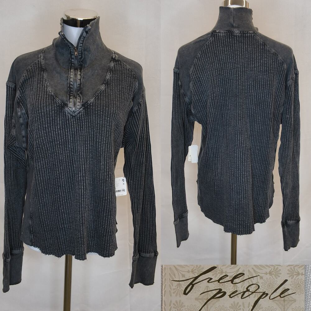 Free People Ashton Waffle 1/4 Zip Gray Distressed Thermal Top Womens M #W5556